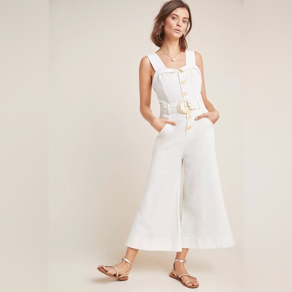 Anthropologie Pants - Anthropologie White Linen Jumpsuit 🤍 Sweetheart Neck & Belted Waist - US 0